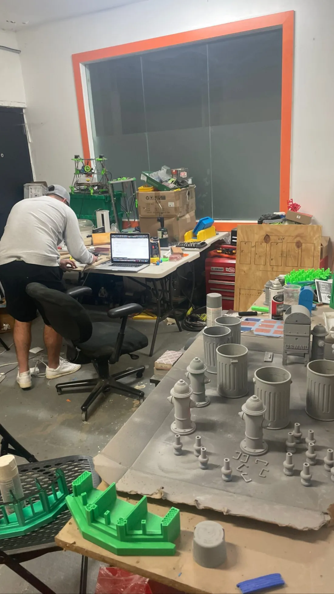The R&D room: primed street furniture and gazebo sections
